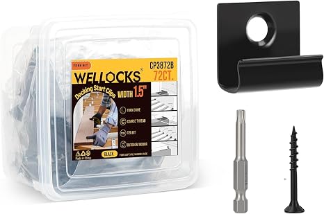 WELLOCKS Deck Starter Clips, 1.5 in Black 72 Pack with T25 Bit | Hidden Clip Fasteners with Screws and T25 Bit for Deck Board Starter Rows and Outdoor Decking Projects.