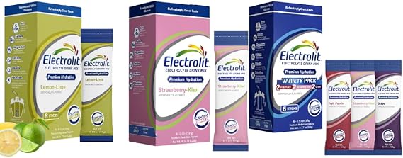 Electrolit Electrolytes Powder Packets, Lemon Lime, Strawberry Kiwi & Variety Pack Bundle, Hydration Packets for Dehydration & Rehydration, Post Workout Drink Mix, Gluten Free Water Enhancer Sticks