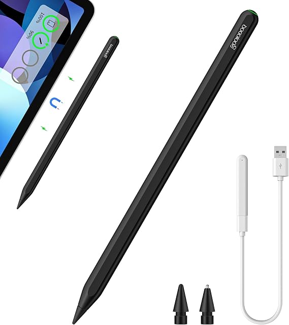 GOOJODOQ GD13+ Stylus for iPad Touch Pen, Bluetooth Pencil, High Sensitivity, Tilt Sensor, Replacement Nib, Uninterrupted, Lightweight, Matte Finish, Not Compatible with iPad Air 4/5/6/iPad Pro 11/iPad Pro 12.9/iPad Mini 6, Separate Charging, Wireless and Type-C Charging, Black