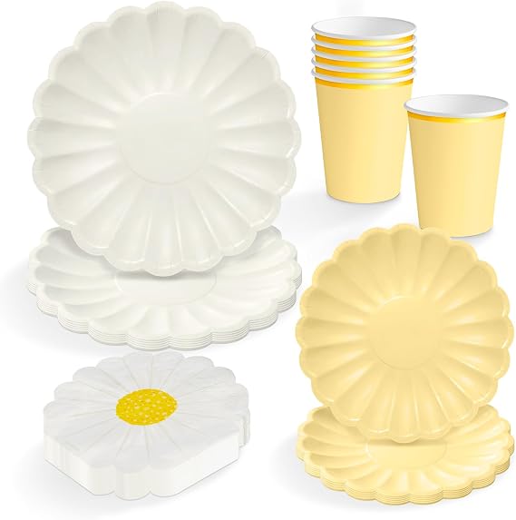 OH YEAH - Disposable Party Tableware Set for 6 People – Paper Cups 270 cc + Paper Plates Ø18 and Ø23 cm + Paper Napkins – Tableware for Birthdays and Events – Party Colour Floral (Yellow)