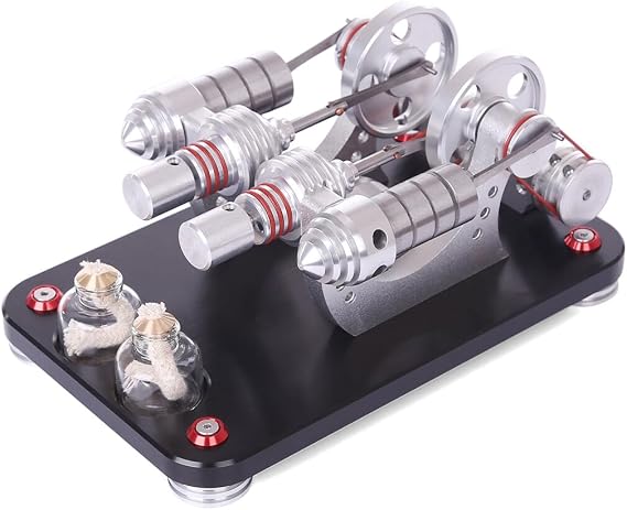 Stirling Engine Kit, Metal 2-Cylinder Parallel Bootable Stirling Engine Model Micro External Combustion Engine Model, Physics Science Experiment for Adult