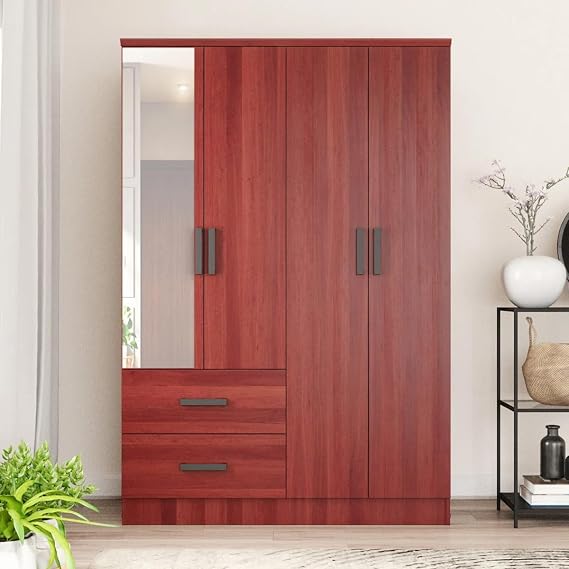 Woodpeckers Furniture And Mattress 4 Mirrored Doors Wardrobe 2 Drawers with Shelves 72 high (1 Mirror, Mahogany)