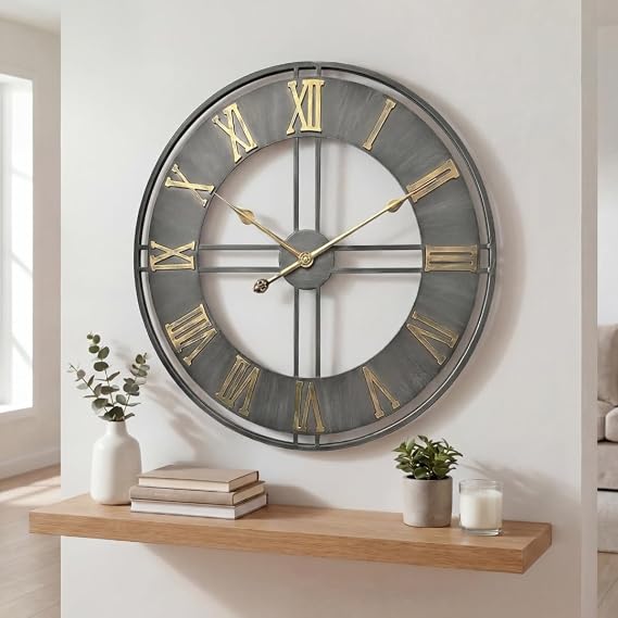Industrial Roman Numeral Wall Clock – 60cm/23.6inch Vintage Decorative Metal Clock with Open Frame, Brushed Finish, and Gold Roman Numbers for Living Room, Kitchen or Office