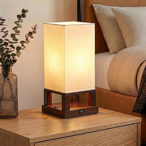 Brightech Maxwell Bedside Lamp with USB Port Compact Table Lamp for Bedroom, Living Room - Modern Asian Nightstand Lamp with Wood Frame - LED Bulb, Soft Light - Havana Brown