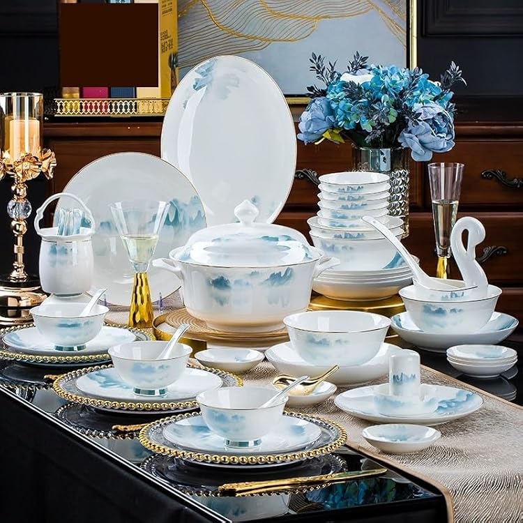 60Pcs Dinnerware Sets Chinese Bone Bowls Plates Spoons Chopsticks Ceramic Tableware Set for Home Kitchen Housewarming Gift
