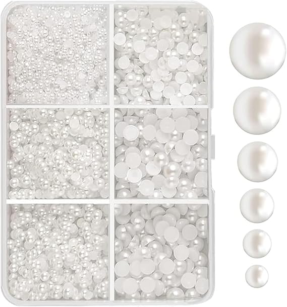 7600pcs White Flat Back Half-Round Craft Pearls in Six Mixed Sizes