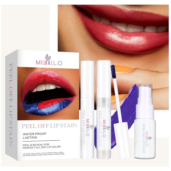 Peel Off Red Lip gloss Set include Lip Stain, Lip Moisturizing Liquid, lip activator, Clean Towel Long Lasting, Waterproof Liquid Lipstick Kit Nonstick Cup Tear-off Lip Gloss (Pink)