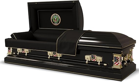 Titan Casket Veteran Select Steel Casket (Army) Handcrafted Funeral Casket - Black with Black, Gold-Lined Interior & Army Head Panel