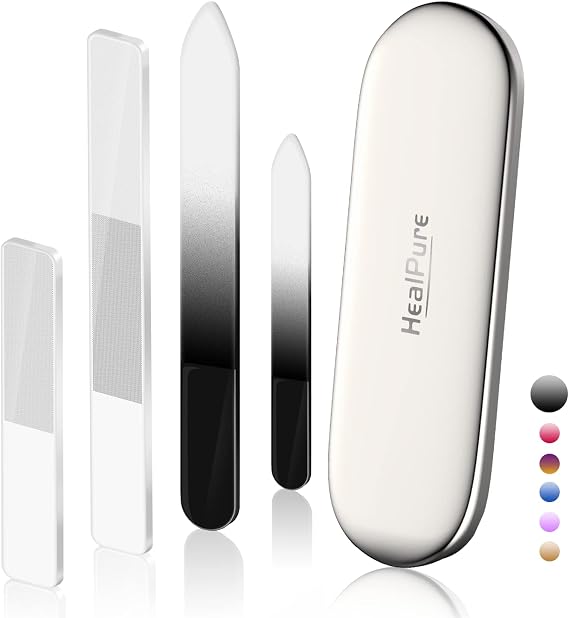 Glass Nail File and Nail Shiner, 4PC Crystal Nail File and Nano Glass Nail Buffer, Premium Set with Case, Professional Manicure Tool Fingernail Czech File for Natural Nail, Gift for Women and Girls