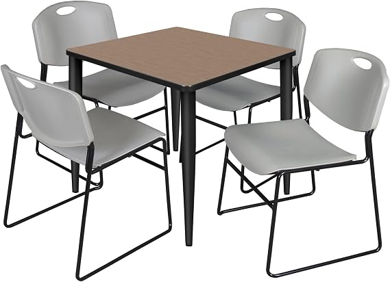 Regency Kahlo 30 in. Square Breakroom Table- Noble Oak Top, Black Base & 4 Zeng Stack Chairs- Grey