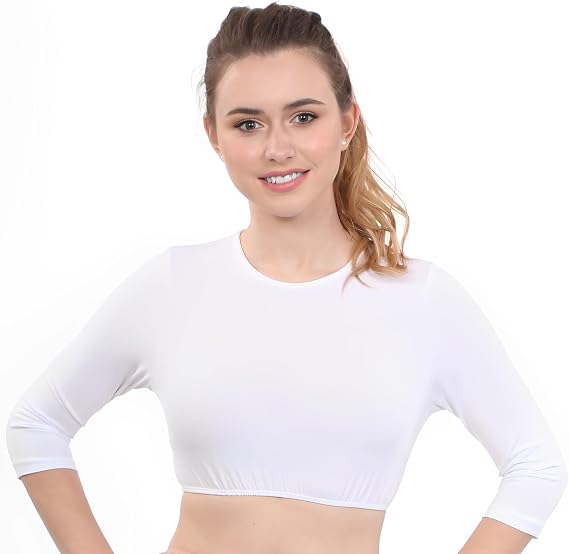 Kosher Casual Women's Modest High Neck Cropped Layering Shell - Cotton Spandex 3-4 Sleeve Base Pullover Top