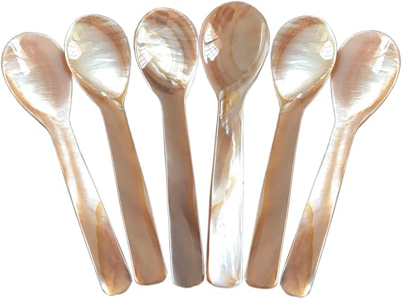 DUEBEL Set of 6 Mother of Pearl 3.55 Caviar Spoons for Caviar Serving or Egg Serving