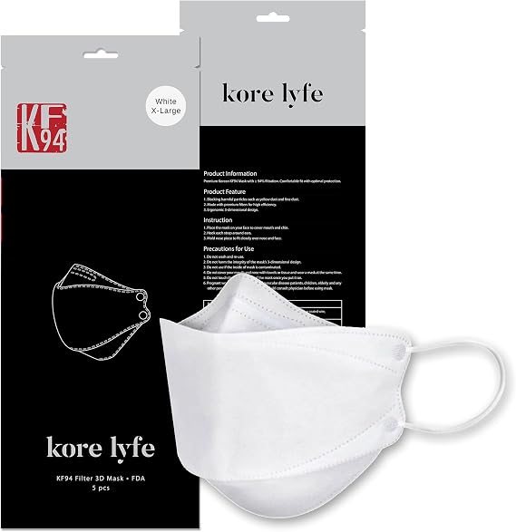 [10 PCS] 25% LARGER KF94 Face Mask - X-LARGE WHITE - [Made in Korea] - In 5 PCS Reclosable Package - Breathable Premium Quality - [Package in English]