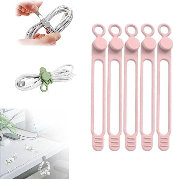 Silicone Cable Ties, Reusable & Washable Adjustable Fastening Cord Management Straps, Multi-Purpose High Elasticity Cords Organizer for Travel/Office/Home (Pink, 5Pack)