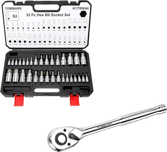 TOMMARS 1/2" Drive Ratchet with 32-PC Master Hex Bit Socket Set