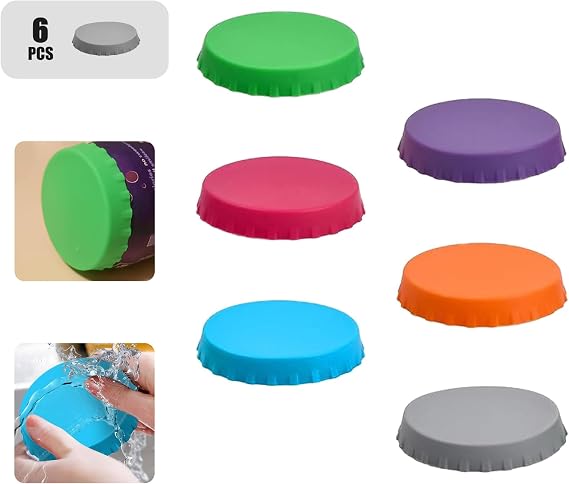Silicone Soda Can Lids,Cover/Cap/Topper/Saver/Stopper for Beer/Juice/Seltzer/Cola/Energy Drinks/Beverage/Carbonated/Fizzy Pop,Reusable/Colorful/Washable/Portable/Elastic/Food Grade/Fit Standard(6pcs)