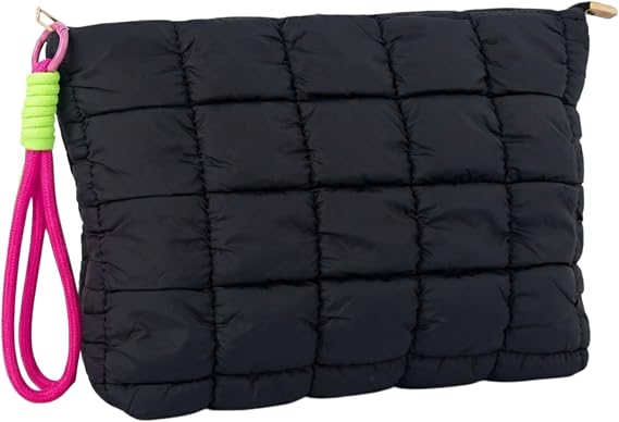 Black Puffer Quilted Makeup Bag for Women with Wrist Straps - 10" Roomy Puffy Cosmetic Pouch, Travel Toiletry Organizer Bag, BK-WS-HP, 10"L×2.2"W×6.5"H, Puffer Quilted