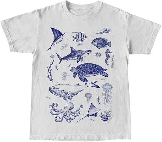 Y2k Sea Animals Printed Short Sleeve Crop Tops Women Teen Girls Graphic Cropped T Shirt Vintage Aesthetic Ocean Slim Baby Tees Clothes White Blue Fish