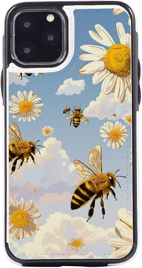 Wallet Case for iPhone 11 Pro 5.8 Inch, Flying Bees Daisy Honey Prints Flip PU Leather Magnetic Shockproof Phone Case Cover with Card Holder