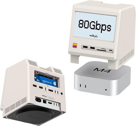 Retro M5 Docking Station for Mac mini M4 Pro, 80Gbps M.2 NVMe SSD Enclosure with Cooling Fan, Thunderbolt 5/4/3/USB 4 Compatible, 5 Inch HD Display
