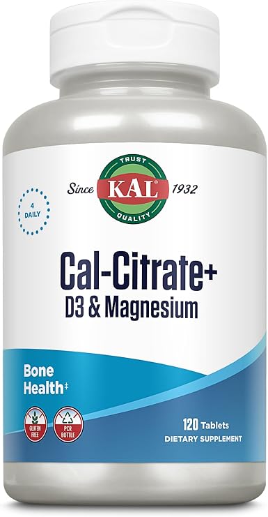 KAL Cal-Citrate+, Calcium Citrate Plus Vitamin D-3 and 500 mg of Magnesium, Healthy Bones and Teeth Support, Gluten Free and Lab Verified for Quality, 30 Servings, 120 Tablets