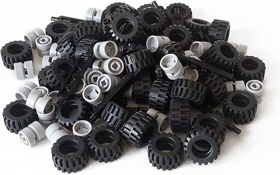 LEGO City Complete Wheel Assembly Lot, 20 Black Axles, 40 Black RUbber Tires, 40 Light Gray Wheels
