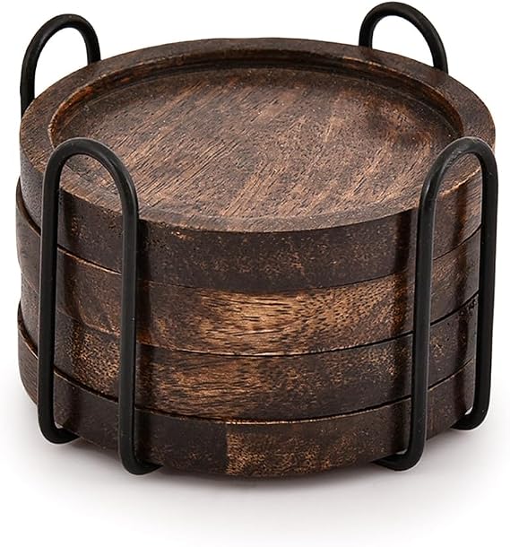 SAMHITA Mango Wood Coasters for Drinks with Iron Holder Stand Set of 4 for Countertop and Surfaces from Water Marks or Damage (10.16cm x 10.16cm x 1.27cm)