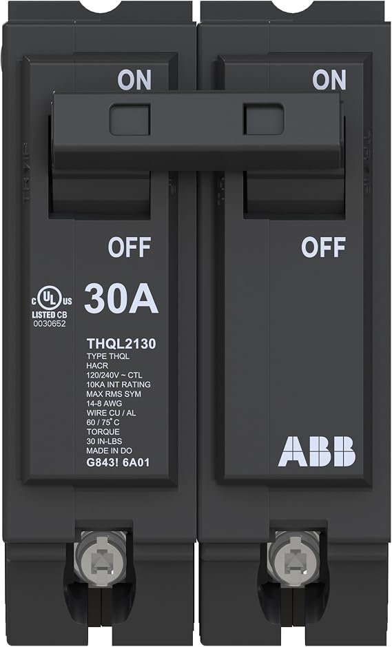 ABB Q-Line THQL2130 Circuit Breaker 30 Amp Double-Pole Breaker 120/240 VAC 10 kAIC Interrupt Rating Thermal Magnetic Plug-On Breaker for Load Centers