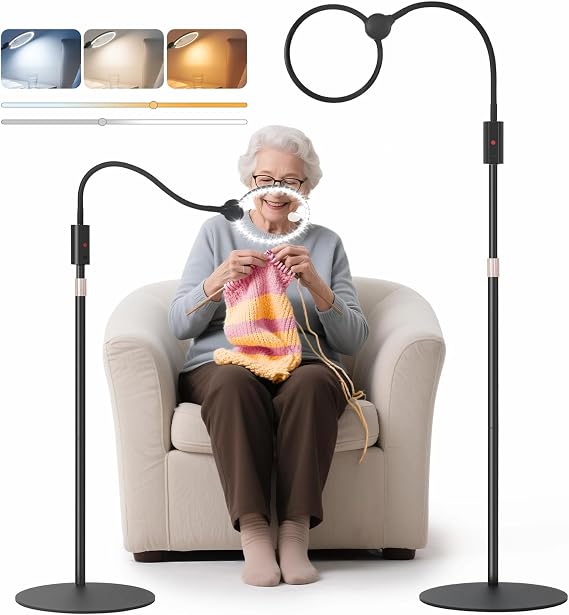 10X Floor Magnifying Glass with Light and Stand with Glass Lens, Magnifying Floor Lamp with Light Adjustable Height, 3 Color Modes, 360 Flexible Gooseneck Hands Free Magnifier for Close Work