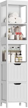 HOMEFORT Bathroom Storage Cabinet, Slim Tall Cabinet, Narrow Floor Cabinet Organizer, Wooden Linen Tower with 2 Drawers and 3 Shelves, Freestanding Cupboard White