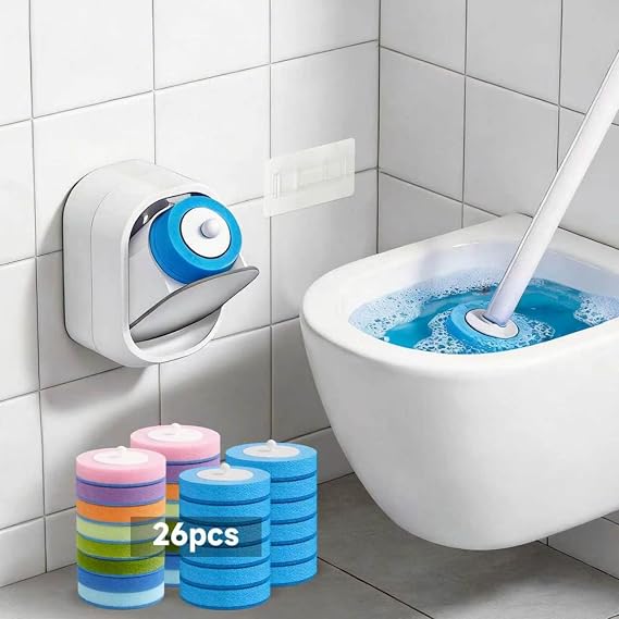 Toilet Brush Disposable Kit, Bowl Buddy Toilet Brush & Wand, Wall Mounted Storage Caddy with Holder 26 Refills for Bathroom Bowl Bathtub Sink Basin in Tiny Spaces Sudsy Cleaning System Kits