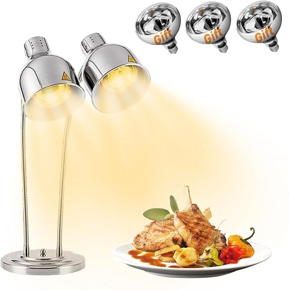 Food Heat Lamp,Commercial Food Warmer Light for Parties Buffet Restaurant | Food Lamps for Catering,[3 Bulbs Included] [Rapid-Heating] 500W 2-Head Adjustable Stainless Electric Heat Lamp