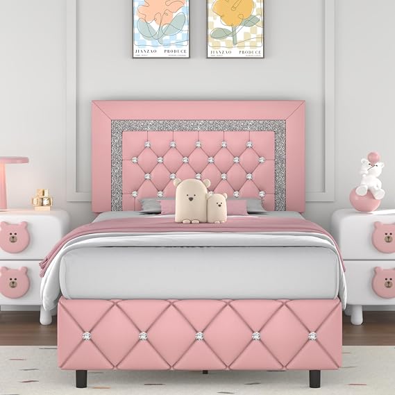 BarnFurin Twin Size Platform Bed with Upholstered Diamond Headboard,Pink | Mattress Foundation with Strong Wooden Slats Support, No Box Spring Required, Easy Assembly