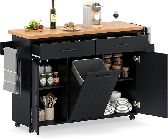 Rolling Kitchen Island with Trash Can Storage, Large Kitchen Cart on Wheels with Adjustable Shelves, 2 Drawers, Spice Rack and Towel Bar, Mobile Island Table for Dining Room (Black)