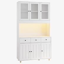 Xbro Pantry Cupboard with LED Light & Power Outlet, 180cm Freestanding Tall Kitchen Cupboard with Acrylic Doors, Drawers & Adjustable Shelves-White