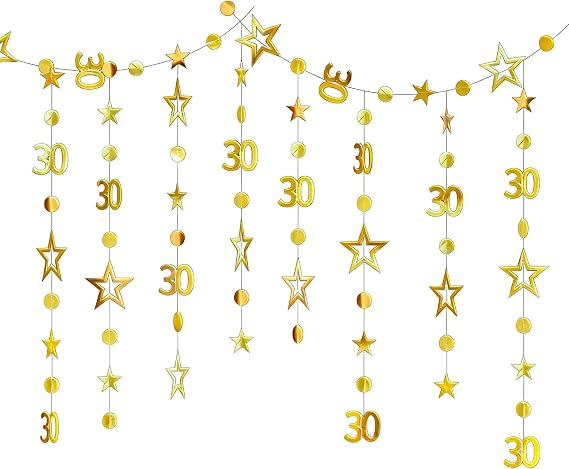 30th Birthday Banner - Gold 30th Birthday Garlands Decorations Number 30 Circle Dot Twinkle Star Garland Metallic Hanging Bunting Banner Backdrop for Men Women Thirty Anniversary Party Supplies