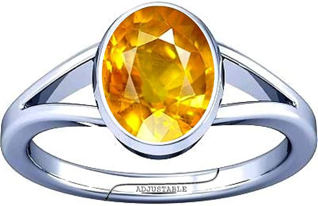 Divya Shakti 5.25-5.50 Carat Yellow Sapphire Pukhraj Gemstone Energized Silver Adjustable Ring for Men & Women