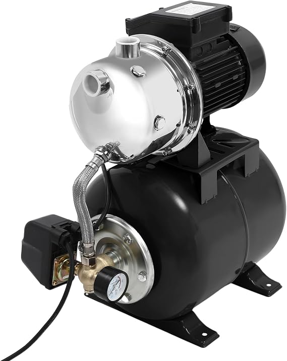 1.6HP Shallow Well Water System with Pressure Switch and 6.34Gal Tank, Stainless Steel Jet Type, 110V High Flow Water Booster for Home Garden Farm Irrigation(Black)