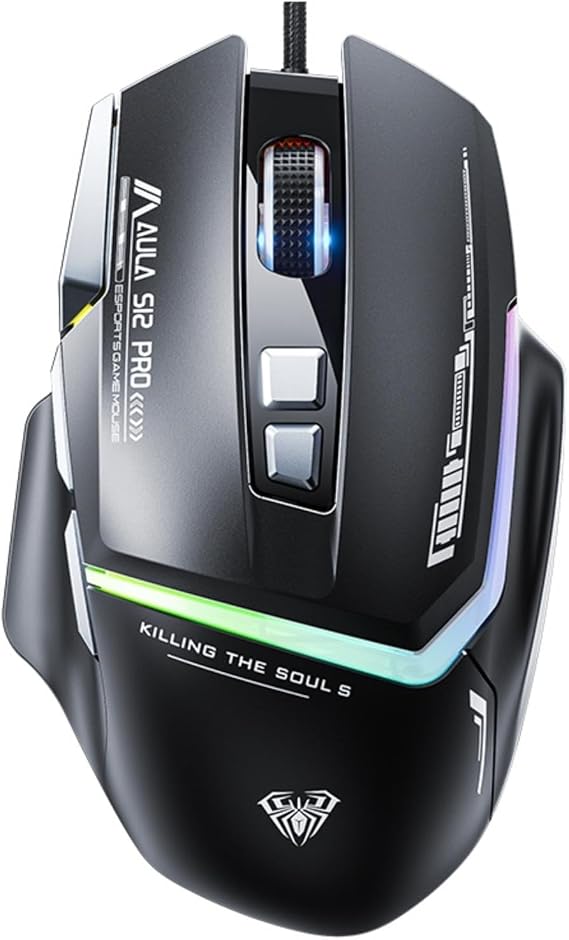 AULA S12Pro Gaming Mouse Wired,6 Adjustable DPI 12800,Ergonomic RGB Backlight Computer Mouse,Programmable PC Mouse with Side Buttons,Gaming Mice for Laptop Mac Gamer(Black)