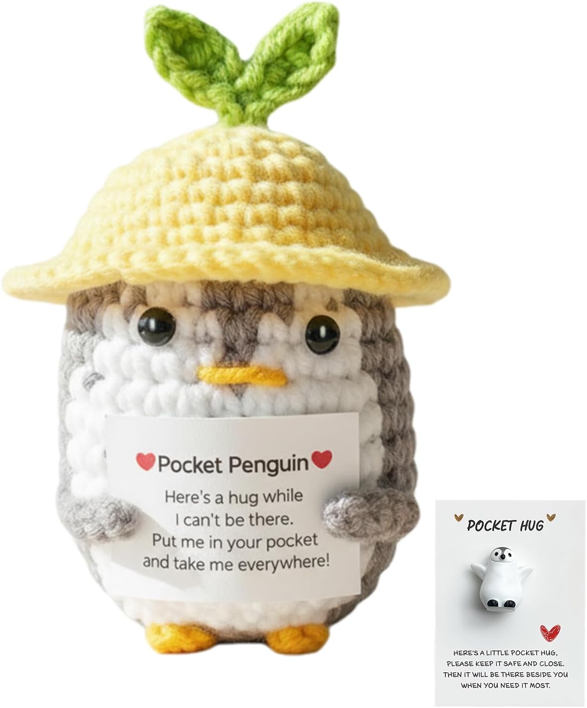 Positive Penguin,Emotional Support Plush Penguin with a Pocket Hug Card,Adorable Handcrafted Crochet Doll,Pocket Hugs for Friends,Inspiration Birthday Gift