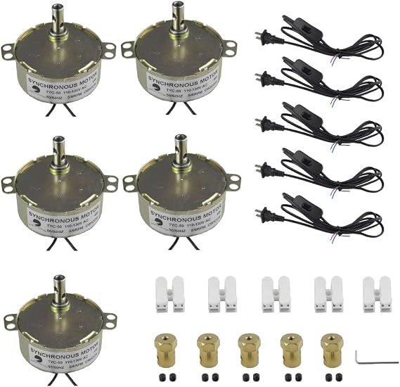 CHANCS 5PCS Synchronous Turntable Motor TYC-50 110V 5-6RPM 50/60Hz 4W AC100~127V Synchron Motor for Cup Turner,Cuptisserie Rotator 7mm Flexible Coupling Connector and 1.8M Power Cord Switch Plug