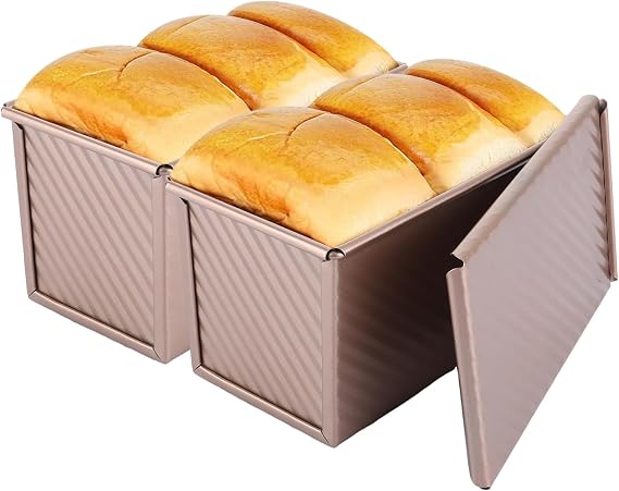 2 Pcs Pullman Loaf Tin with Lid, 450g (1lb) Gold Non-Stick Bread Tin with Accessory, Carbon Steel Loaf Tins for Baking, Toast and Cake