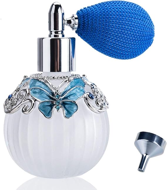 YU FENG Glass Perfume Bottle with Spray Atomizer+Squeeze Bulb+Funnel,Hand-Painted Butterfly Pattern,Refillable Crystal Atomizer Bottle(50ml,Blue)