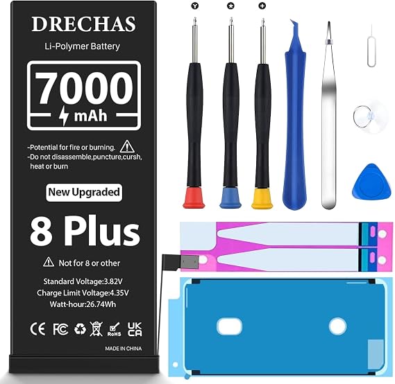Battery for iPhone 8 Plus 7000mAh, Upgraded Capacity 0 Cycle Li-Polymer Replacement Battery for iPhone 8 Plus Models A1864, A1897, A1898 with Complete Professional Repair Tool Kit