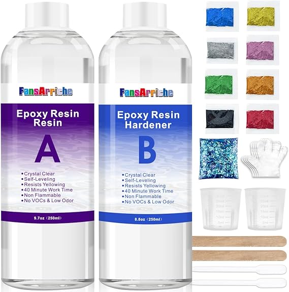 FansArriche Epoxidharz transparent 1: 1-Verhältnis; Kunstharz-Beschichtung kristallklar für Holz künstlerische Kreationen Restauration (500 ml)