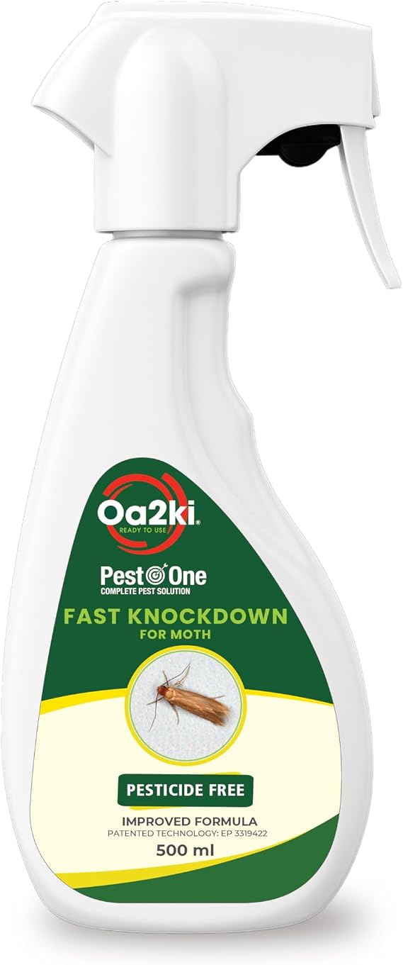 Oa2ki Moth Spray 500ml – Pesticide-Free Fast Knockdown for Clothes Moths & Carpet Moths | Residue-Free Ready-to-Use Spray for Wardrobes, Carpets & Home
