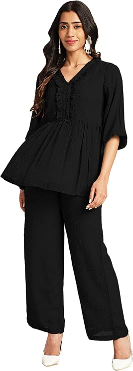 Janasya Indian Women's Chiffon Off White Self Design Casual Wear Co-ord Set for Women