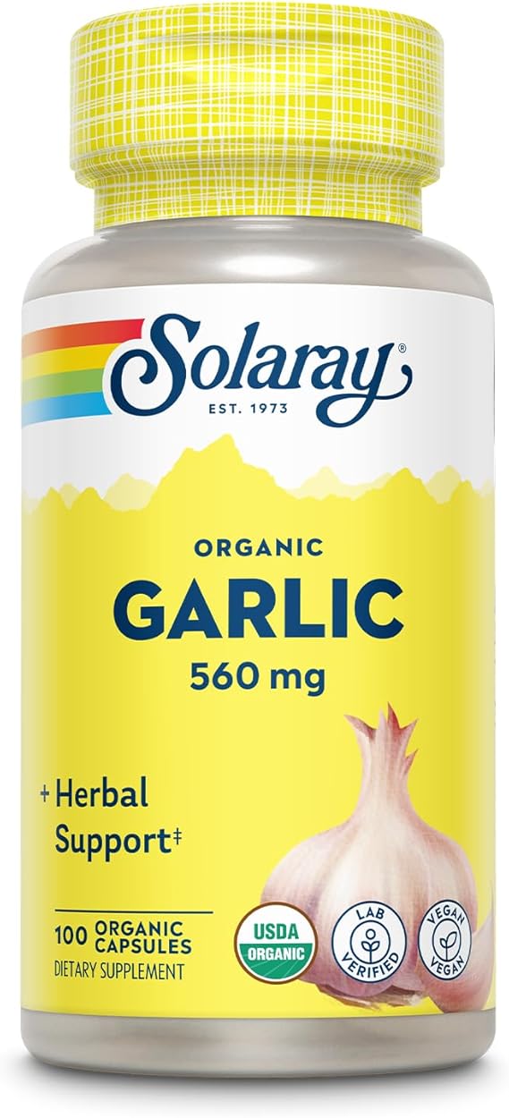 SOLARAY Organic Garlic 560 mg, 100 VegCaps | Heart & Cardiovascular Support - USDA Organic Garlic - 100 Servings - Vegan, Lab Verified