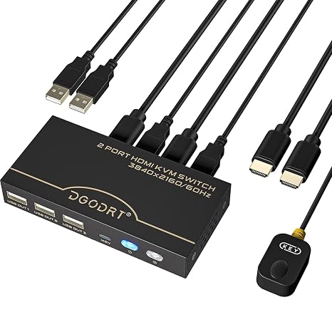 HDMI KVM Switch 1 Monitor 2 Computers, 4K@60Hz USB KVM Switches 2 Ports for 2 PC Share Single Monitor and 3 USB Ports with Desktop Controller, S7232H | EDID Adaptive with 2 HDMI Cables + 2 USB Cables