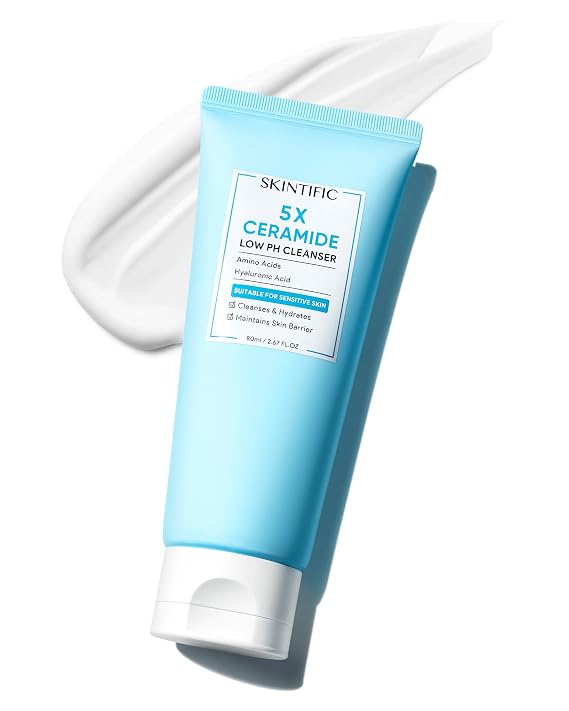 SKINTIFIC 5X Ceramide Low pH Facial Cleanser, Gentle Hydrating Face Wash with Hyaluronic Acid, Daily Face Wash for Dry to Normal Skin, Sensitive Skin Tested, Not Tight, Fragrance Free